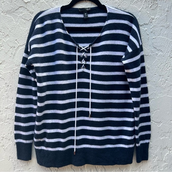 AQUA CASHMERE Sweater Women Large Henley Lace Up Stripe Nautical Navy - Picture 1 of 5